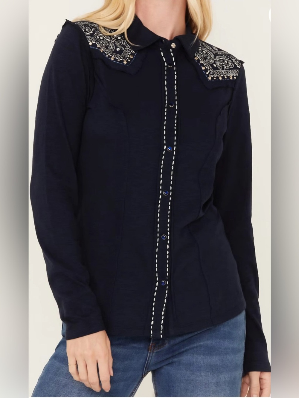 Idyllwind Navy Button-Front Top with Embroidered Collar Size XS 100%Cotton